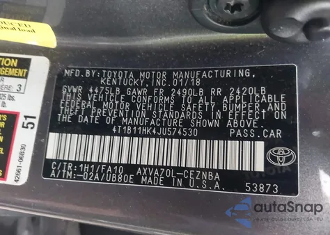 2018 Toyota Camry Le from USA, damaged, VIN 4T1B11HK4JU574530